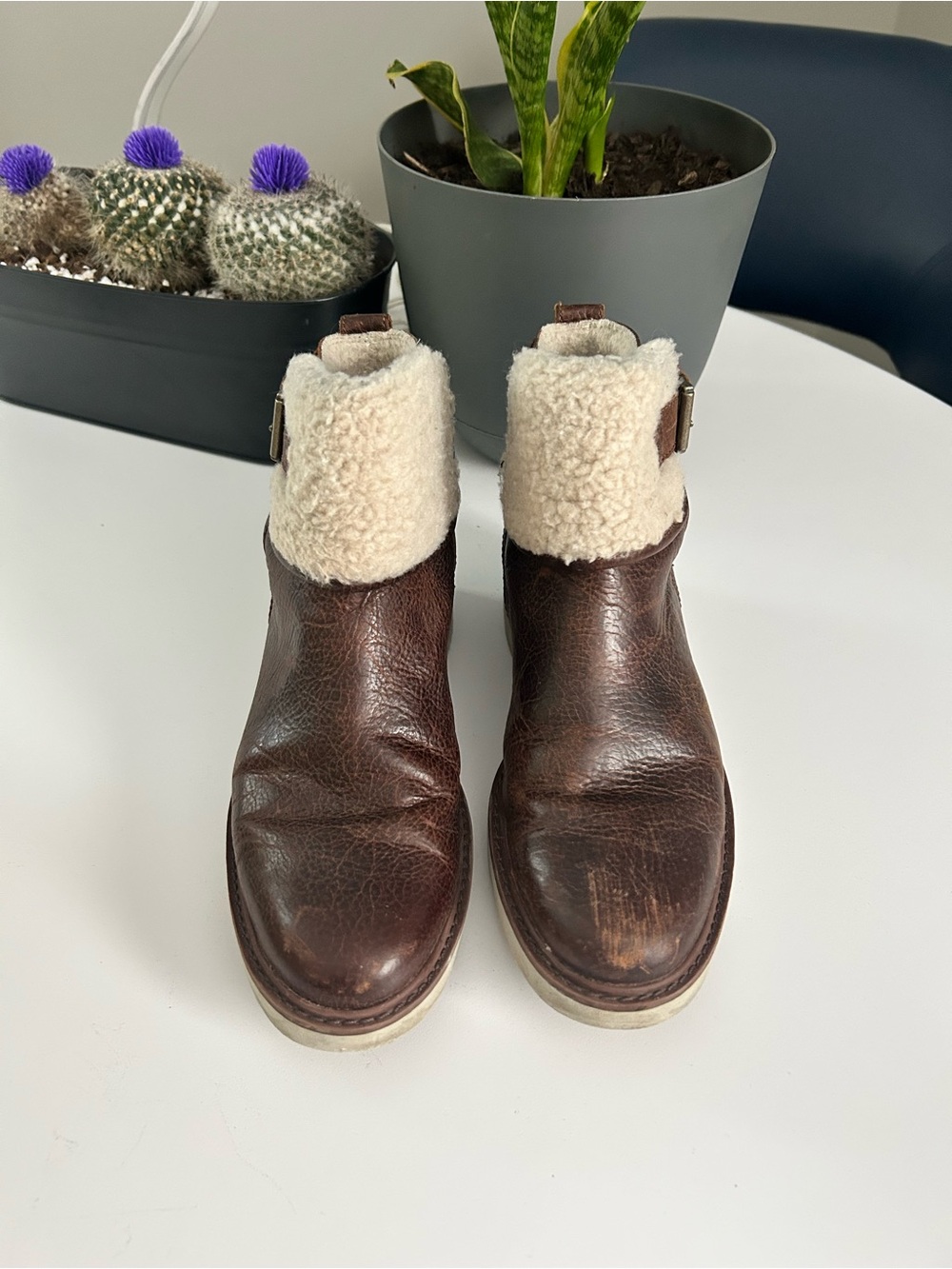 Timberland Women’s Brown Leather Shearling Cuff Ankle Boots